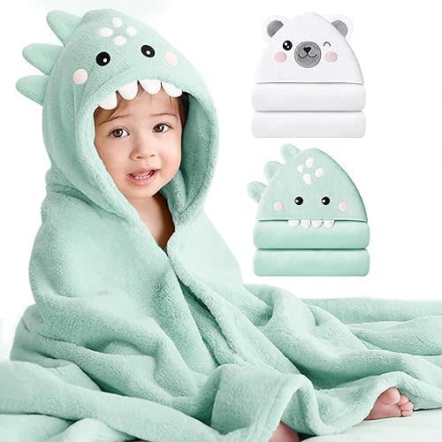 Konssy 2-Pack Hooded Baby Towels, 32" × 32" Soft & Absorbent Plush Fleece, Cute Animal Hood, Baby Bath Towels for Newborns & Toddlers, Boys & Girls