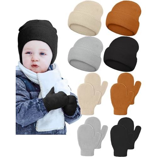 4 Sets Kids Winter Beanies with Gloves Knitted Beanie Hats Soft Toddler Beanie Cap Gloves Set Cuffed Skull Cap for Boys Girls