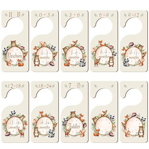 10 Pcs Woodland Baby Closet Size Dividers Wooden Nursery Hanger Dividers Newborn Closet Organizer Double Sided for Clothes Baby Girls or Boys Room Baby Shower Decor from Newborn to 24 Months