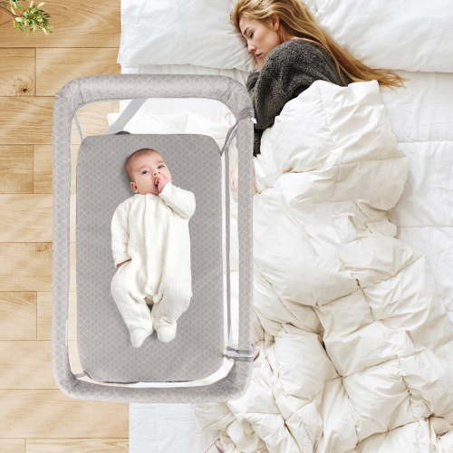 INFANS Baby Bedside Bassinet, Over-Bed Baby Bassinet with Adjustable Height, Safe Close Sleeping, Storage, Lowering Wall for Easy Access, Newborn Girls Boys Aged 6-18 Months