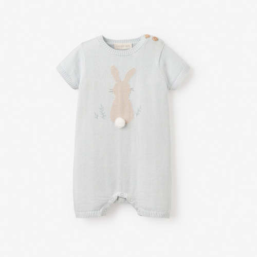 Pale Blue Bunny Knit Shortall Romper BLUE / 3-6M