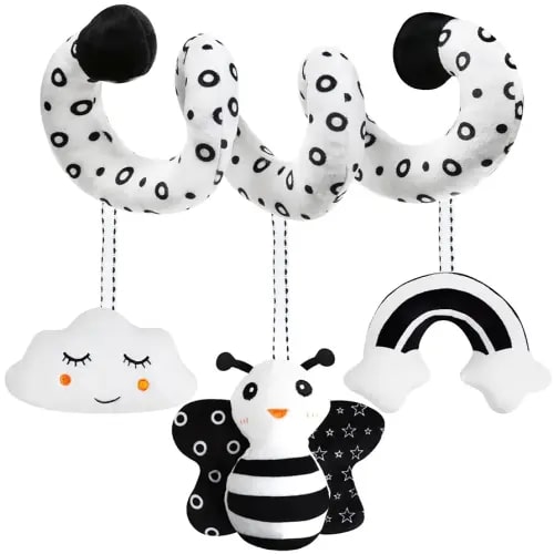 Baby Spiral Hanging Stroller and Car Seat Toys Black and White High Contrast Sensory Toy Newborn Plush Activity Toys Party Favors Quality Gifts for Baby Shower -BEE