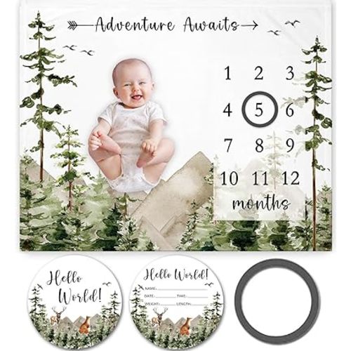 Yuzioey Adventure Awaits Milestone Blanket with Birth Stat Sign, Mountain Growth Chart Monthly Blanket, Watch Me Grow Adventure Nursery for New Moms Baby Shower (50"x40"), Crib, Green