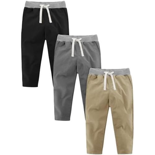 Resinta 3 Packs Boys and Toddlers' Pull-On Pant Boys Uniform Pants Cotton Pull-on Pants with Drawstring