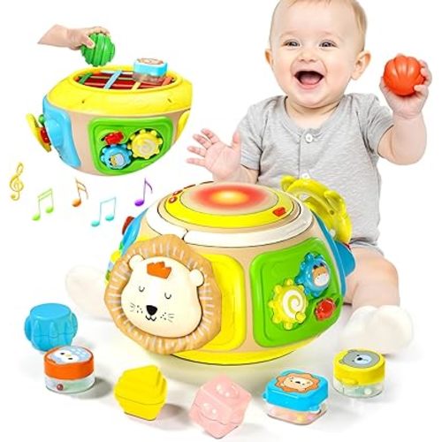 7-in-1 Activity Cube Drum Montessori Toys for Baby, Busy Toys for Toddlers with 9 Sensory Shape Blocks, Music & Light Educational Toys Christmas Birthday Gifts for Kids Boys Girls