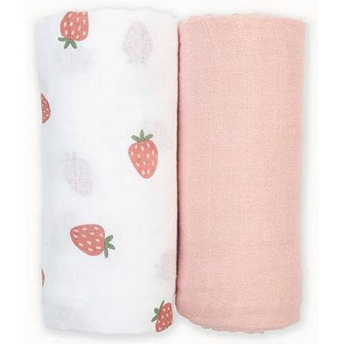 lulujo Boho Swaddle Set, Cotton Muslin Blankets, 2 Pack (Strawberries & Ballet Slipper)