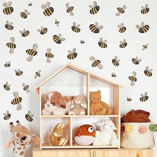 Cute Boho Bee Wall Stickers - Watercolor Bumble Bees, Small Cartoon Bees, Retro Yellow for Nursery & Kid Room Decor