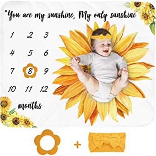Baby Monthly Milestone Blanket Girl - Sunflower Newborn Month Blanket Personalized Shower Gift Floral Nursery Decor Flower Photography Background Prop with Frame Headband Large 51''x40''