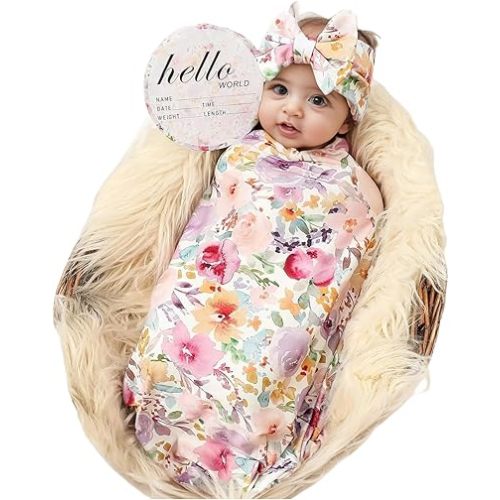 Galabloomer Newborn Receiving Blanket Headband Set Baby Flower Swaddle (occhild Tint)