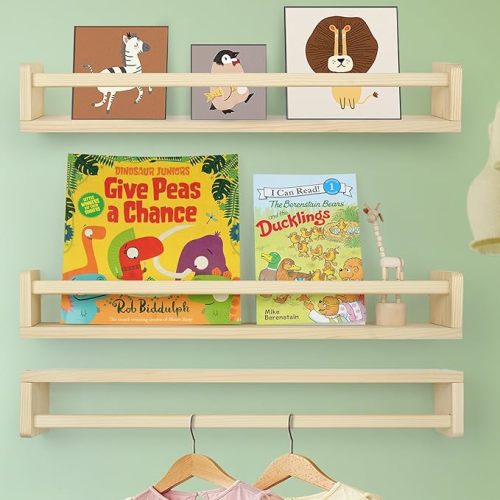 Floating Book Shelves for Wall, 23.6 inch Natural Wood Nursery Shelves for Book Storage, Solid Pine Wooden Floating Bookshelf for Bedroom Living Room, Set of 3, Unfurnished - DIY