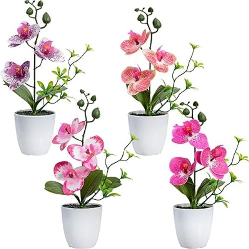 XONOR 4Pcs Artificial Orchid Flowers Mini Potted Orchid Flowers Fake Orchids with Plastic Vase for Home Office Wedding Table Centerpiece Decoration (Purple&Red)