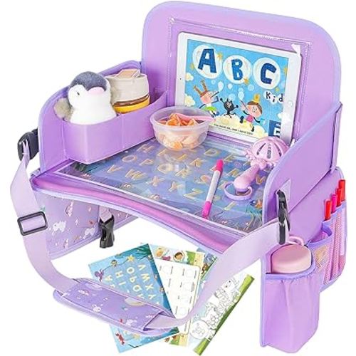 MENZOKE Car Seat Tray for Kids Travel, Car Seat Activity Trays with Educational Drawing Board,Tablet Holder & Cooler Cup Holder, Holiday Gifts for Kids Car Trip, Purple