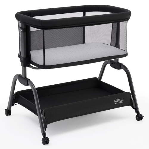 HARPPA Bassinet Bedside Sleeper, Adjustable Height, 360° Mesh, Wheels, Storage, Black