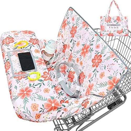 Shopping Cart Cover for Baby Girl Grocery Cart Cover for Baby 2 in 1 High Chair Covers for Restaurant Cart Cover for Babies Machine Washable,White-Orange Pink Flower