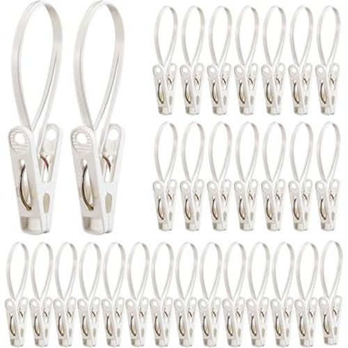 Honeydak 30 Pack Multi-Purpose Laundry Hooks Hanging Clips Bulk with Plastic Rope Hanger Clips for Baby Clothes Closet Organizer for Pants Hat Sock Boot Bra Towel Bathroom Wardrobe (White)
