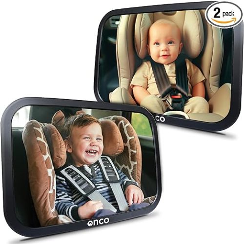 Baby Car Mirror Rear Facing (2 Pack) - 100% Shatterproof & Shakeproof, Award-Winning Convex Car Mirror for Baby with 360° Rotation, Newborn Essentials (9.6 x 6.9 in)
