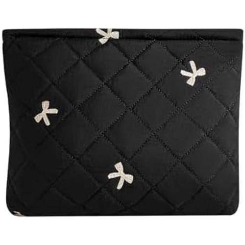 uekeboag Quilted Floral Cotton Makeup Pouch,Coquette Quilted Cosmetic Bag for Women and Girls, Aesthetic Organizer Bag, Flower Cute Travel Toiletry Bags(14Black Bow)