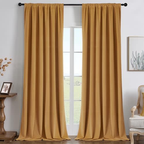 Joydeco Mustard Yellow 100% Blackout Curtains 84 Inch 2 Panels, Luxury Thermal Yellow Velvet Curtains for Bedroom Living Room, Soundproof Blackout Window Drapes, Rod Pocket & Back Tab (52W x 84L)
