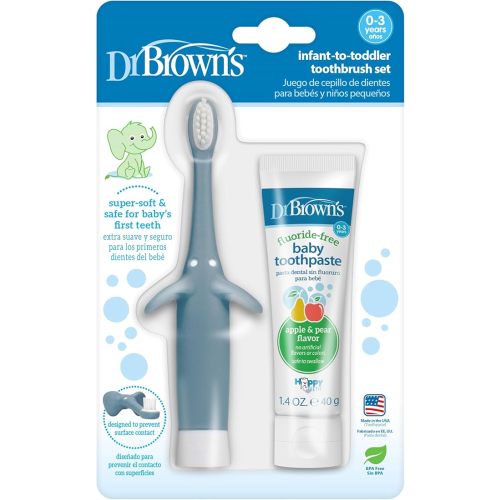 Dr. Brown's Infant-to-Toddler Training Toothbrush Set, Blue Elephant with Fluoride-Free Apple Pear Baby Toothpaste, 0-3 years