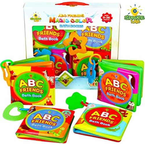 Spruce Lab ABC Friends Magic Color Bath Books - 4 Bath Book Set - Educational Baby Bath Toys - Magic Appearing Animals in Water - Teething Toys for Babies - Boy/Girl Baby Bathtub Books Baby Shower Toy