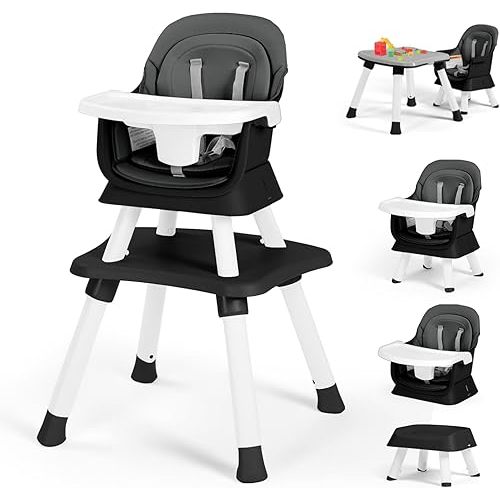 Kinder King 8 in 1 Baby High Chair, Coverts to Dining Booster Seat/Kids Table & Chair Set/Toddler Building Block Table/Kids Stool, Removable Tray & Double Seat Cover, Easy to Wipe, Grey & Black
