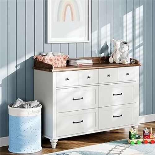 WAMPAT White Dresser with 6 Drawers for Bedroom, Kids Dressers with Wide Chest of Drawers, Mid Century Modern Wooden Closet Storage Organizer, Baby Dresser for Nursery, Living Room, Hallway