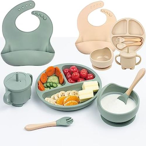 Silicone Baby Feeding Set, 12Pcs Baby Led Weaning Supplies, Includes Baby Suction Bowls and Plates, Silicone Baby Bibs, Silicone Baby Cup, Silicone Baby Spoons and Forks (2 Sets Beige & Green)