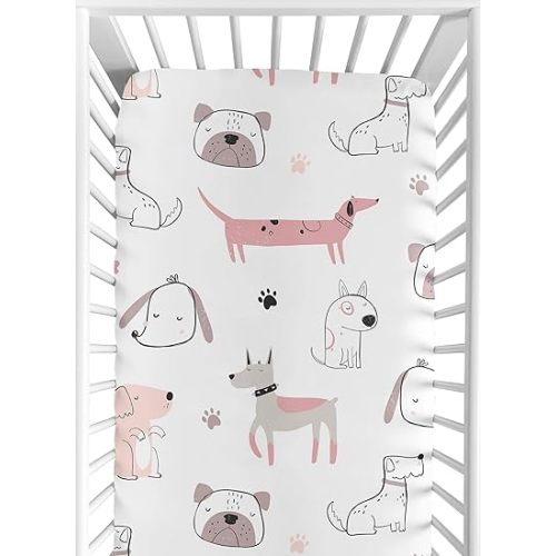 Sweet Jojo Designs Fitted Baby Crib Sheets (Pink Puppy Dog) for Girls, Infant Nursery, Toddler Room - Standard Size (Modern, Blush & White, Boho, Paw Print, Cartoon, Bulldog, Dachshund, Whimsical)