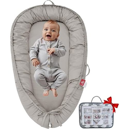 Baby Lounger, Infant Lounger for Newborn, Baby Nest Lounger, Portable Baby Bed, Co Sleeper Bassinet, Baby Girl Boy Shower Gift Essentials, Soft Breathable Baby Floor Seat Lounger (Grey)