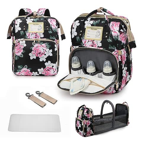 GurZinn Diaper Bag Backpack Waterproof Baby Bag Large Capacity Multifunction Nappy Bags Floral Insulated Durable Travel Maternity Back Pack with Changing Station for Baby （Black）