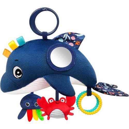 TSYAN Car Seat Toys for Babies 0-12 Months,Hanging Baby Activity Toy for Car seat,Stroller,Crib & Gym,Infant Plush Rattle with Mirror, Crinkle, Clip-On for Boys & Girls