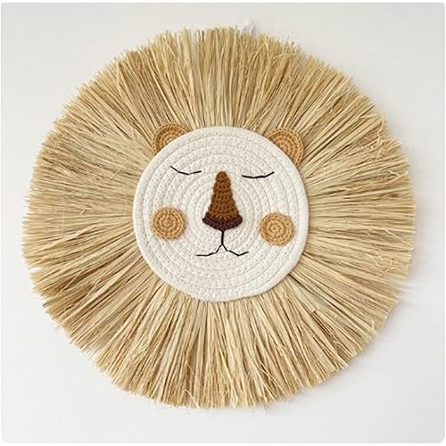 Nursery Baby Room Lion Wall Decor Cotton Thread Straw Woven Animal Head Wall Hanging Ornament
