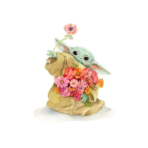 Baby Yoda and Pink Flower Bouquet Art Print | Grogu Watercolor Painting | Grogu Nursery Art Print