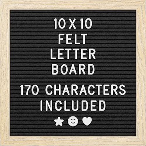Felt Letter Board - 10x10”, Black - 170 Letters, Numbers & Emojis for Celebrations & Announcements - Customizable Message Letterboard w/Wooden Frame for Home Decor & Office Use - by Yes4Quality