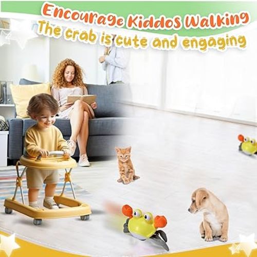Yellow Crawling Crab Baby Toy - Tummy Time Crab Infant Walking Crab Dancing Moving Crawl Crab with Music & Light Cute Interactive Running Escape Catch Me Crab for Crawler Walker Side Walk Toddler Crab