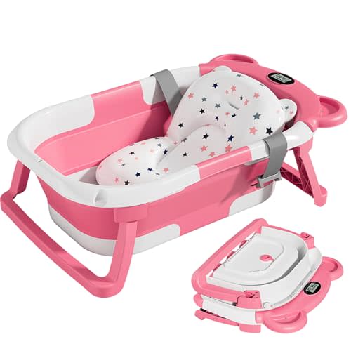 TPN Collapsible Baby Bathtub for Infants to Toddler with Real-time Temp Monitor+Floating Cushion,Foldable Baby Bath Tub Set Applicable 0-36 Month,Perfect Portable Travel Baby Tub for Newborns Girl