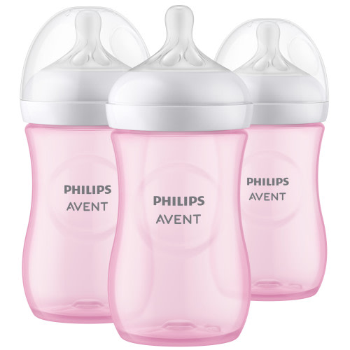 Avent 3-Pack Ergonomic Natural Wide-Neck Bottles (9 oz.) - Anti-Colic, Easy Latch, Pink