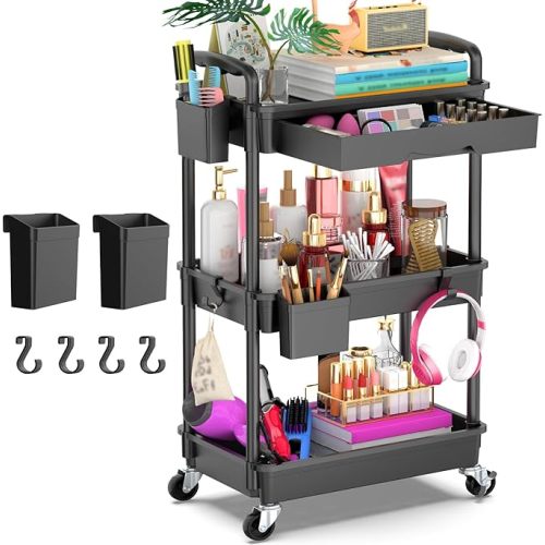 Goovilla 3 Tier Rolling Utility Cart Organizer with Removable Drawer, Stable and Sturdy White Rolling Storage Carts with 2 Lockable Wheels for Bathroom, Kitchen, Snack, Craft, Makeup, Baby Essentials