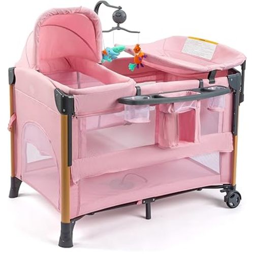 JOYMOR 7 in 1 Bedside Bassinet with Changing Table, Baby Girl Bassinet, Pink Bedside Sleeper with Mattress, Sheet, Canopy, Storage Shelf and Hanging Toy