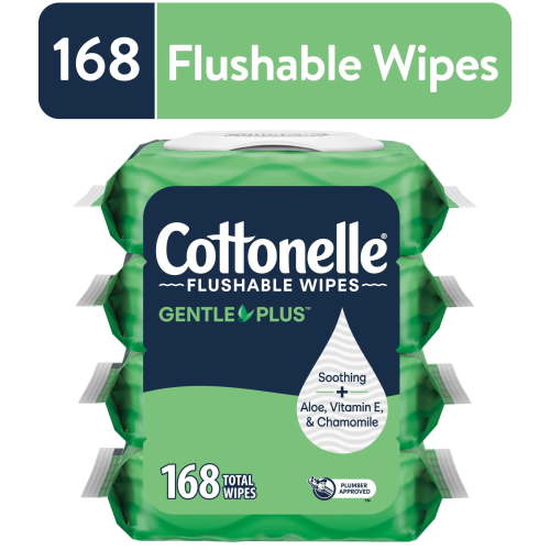 Cottonelle GentlePlus Flushable Wet Wipes, 4 Flip-Top Packs, 42 Wipes Each, Hypoallergenic, Aloe Vitamin E Chamomile