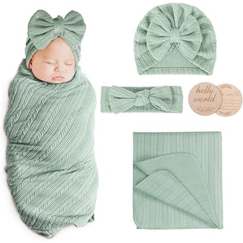 AQOKKA Newborn Receiving Blanket with Bow Hat Mittens Wooden Card Set Wheat-Pattern Newborns Toddler Baby Boy Girl Nursery Swaddle Wrap