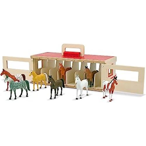 Melissa & Doug Take-Along Show-Horse Stable With Wooden Box and 8 Toy, Barn Play Set, Portable, Toys For Kids Ages 3+