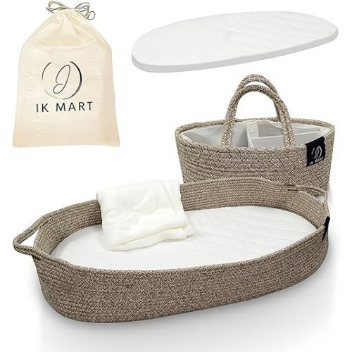 Baby Changing Basket - 100% Cotton Rope Woven Diaper Basket with Thick Foam Pad & Removable Cotton Mattress Cover - Boho Nursery Decor