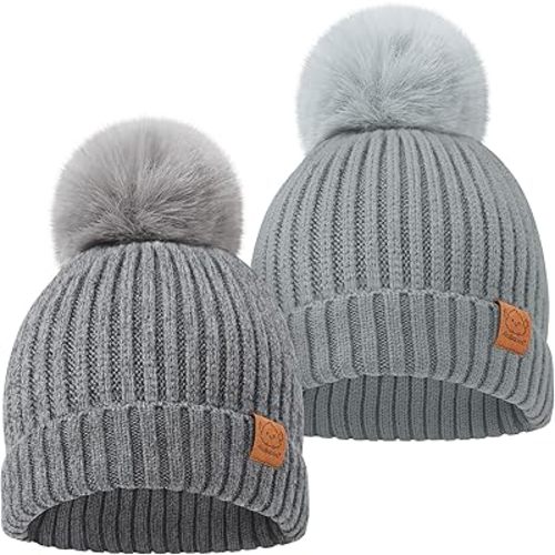 2-Pack Baby Hats for Girls, Boys - Stretchy Baby Beanies, Cute Newborn & Toddler Winter Hat, Soft & Warm Pom Pom Beanie for Infant, Toddler, Boys, Girls 0-6 Months (Steel, S)