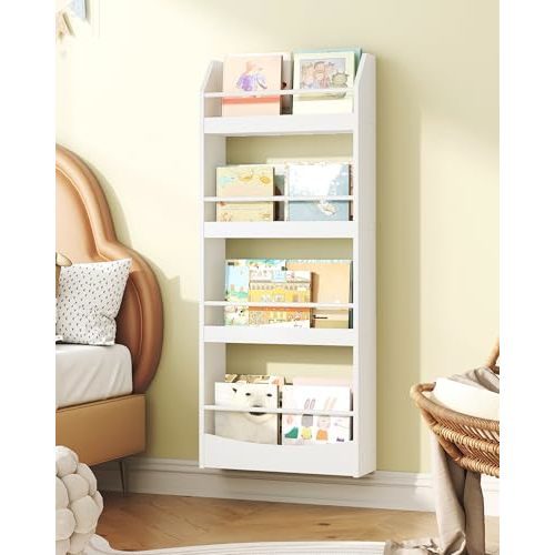 CHOEZON Kids Bookshelf, 4-Tier Wall Mounted Bookshelf for Kids, Nursery Book Shelves, Book Shelf for Kids Room, Bedroom, Living Room, Playroom, White MCW04WB