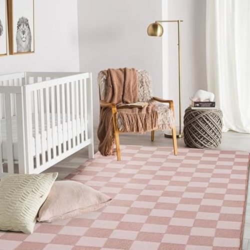 Btargot 6×4ft Light Pink Checkered Area Rug for Living Room, Princess Prince Castle Modern Abstract Checkerboard Throw Rugs Anti-Skid Fluffy Plush Carpet for Kids Boys Girls Home Nursery Decorative