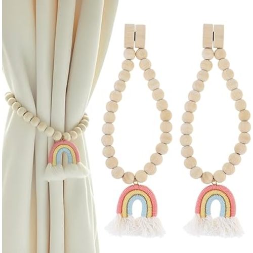 Magnetic Wooden Bead Curtain Tiebacks, 2PCS Boho Rainbow Tassel Curtain Tie Backs, Handmade Drapery Tiebacks for Living Bedroom Window Treatment Wall Decoration (2, Pink)