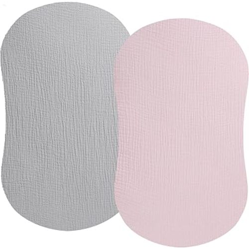Muslin Bassinet Sheet Compatible with Halo Bassinest Swivel Flex Glide Premiere & Luxe Series Sleeper 2 Pack Cotton Stylish Boho Fitted Bassinet Sheets Super Soft for Baby Roman Grey & Pink