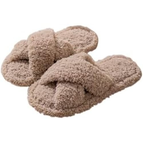 Fuzzy Cute Cross Open Toe Fluffy Warm Slippers Comfy Autumn Winter Slippers, Cozy Plush Winter Indoor Outdoor