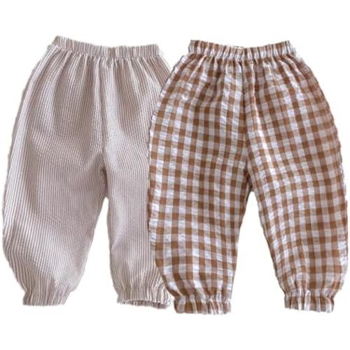 Ashmyova Toddler Boys Girls Classic Plaid Trousers Kids Casual Ankle Stripe Pants Loose Long Bloomers 2Pcs
